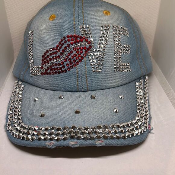 Distressed Denim Rhinestone LOVE Baseball Cap - Picture 1 of 4